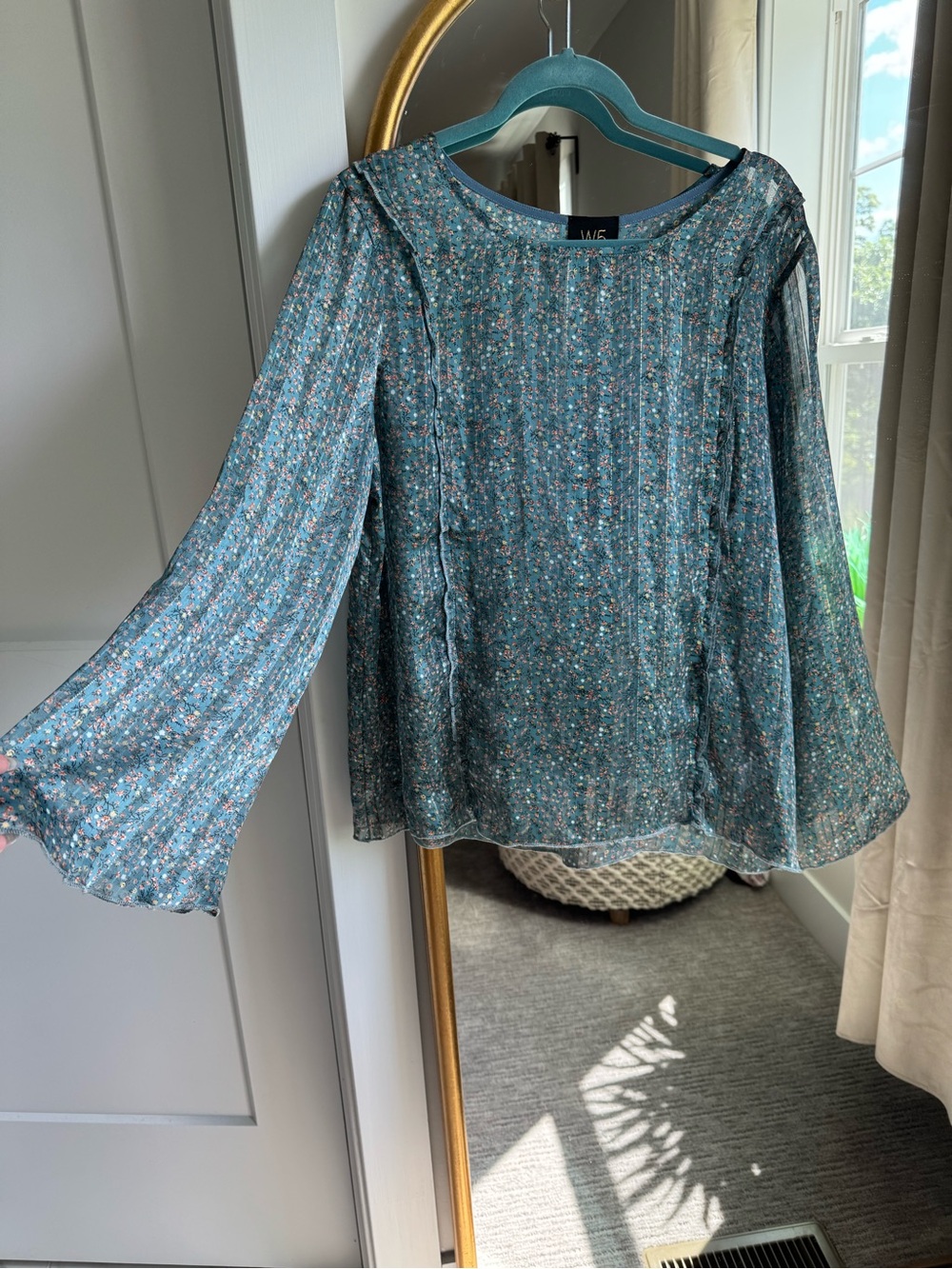 W5 Teal Floral Pleated Long-Sleeve Blouse